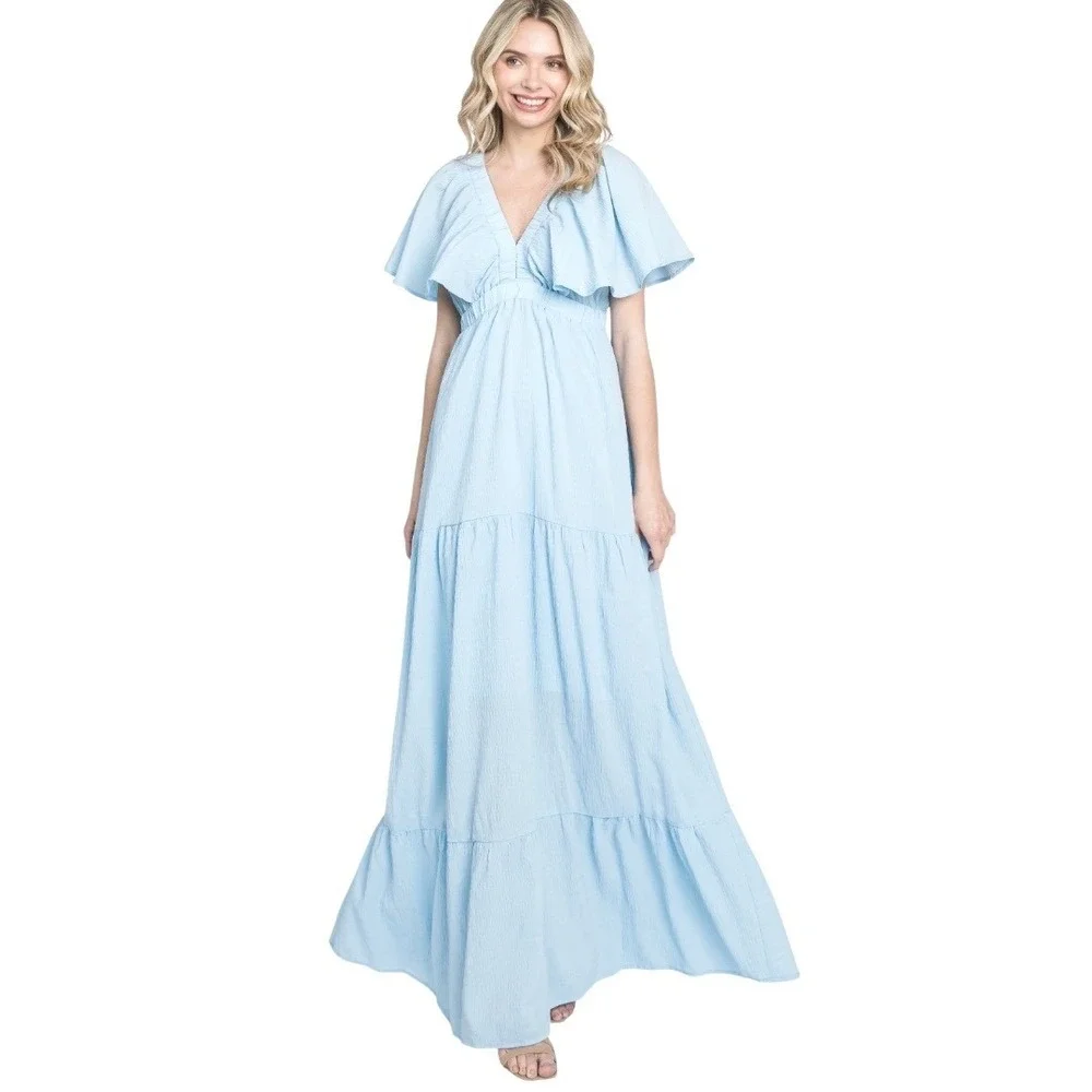 She + Sky Ruffle Sleeve w/ Plunging Neckline Open Back Crepe Blue Maxi Dress 1XL - Picture 8 of 9